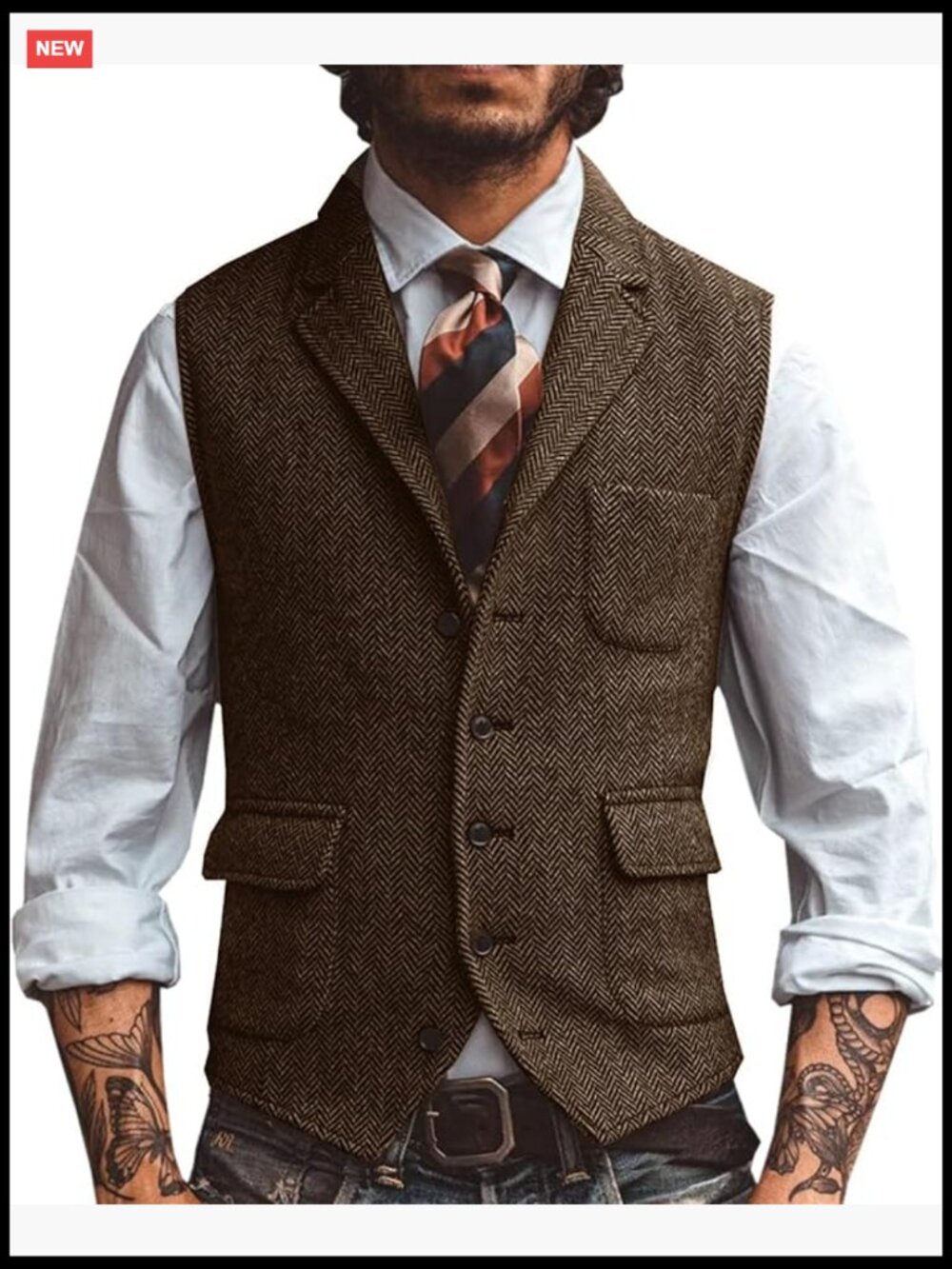 Men's Herringbone Tweed Suit Vest Lapel Business Wedding Waistcoat Sleeveless